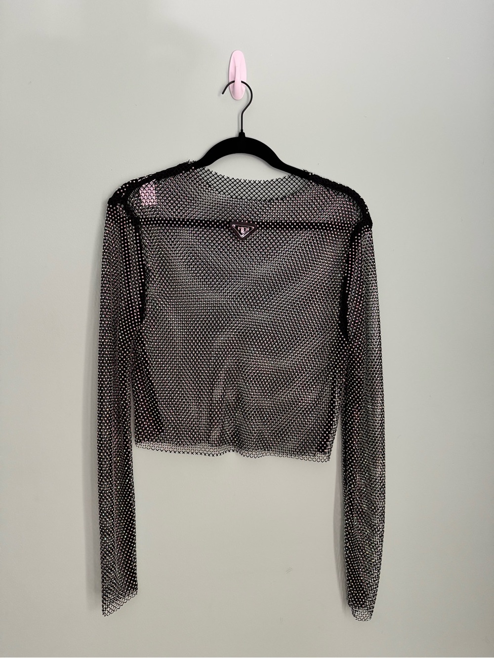 Men’s MCE Sheer Mesh Rhinestone Long-Sleeve Crop Top in Obsidian - Size Large